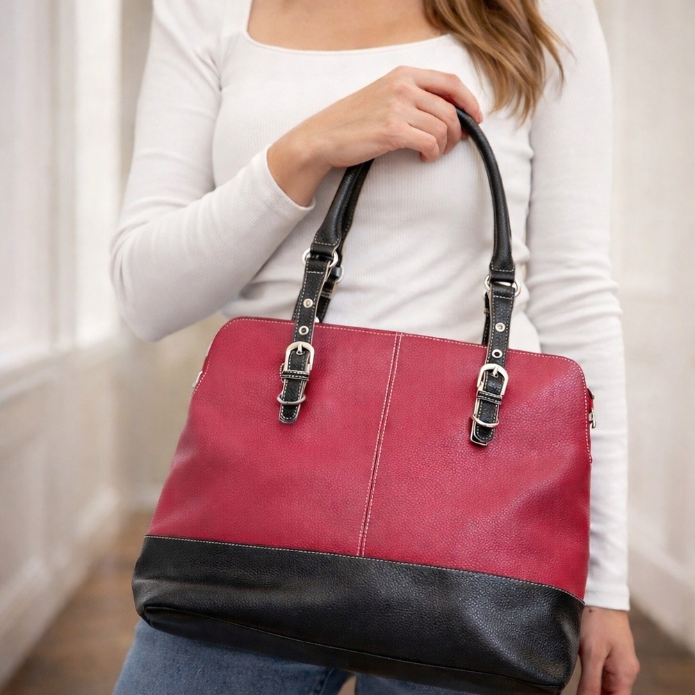 Wilsons Leather Red Black Colorblock Tote Bag Classic Purse Large Shoulder